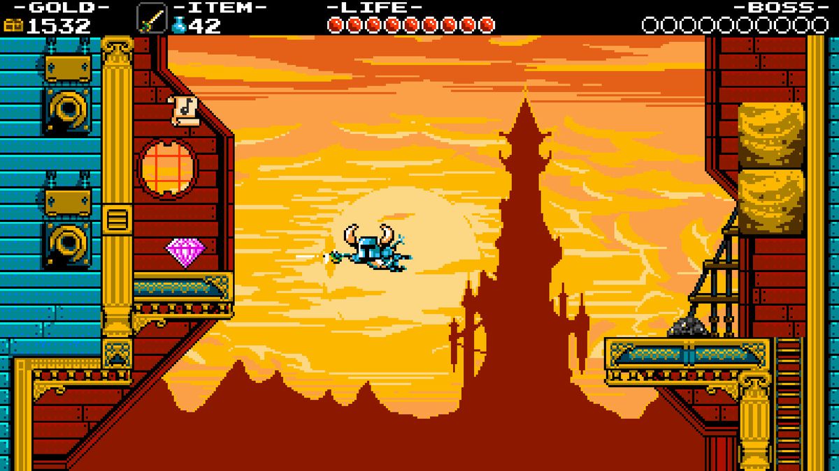 Shovel Knight lunges through the sky toward a gem in a screenshot from Shovel Knight