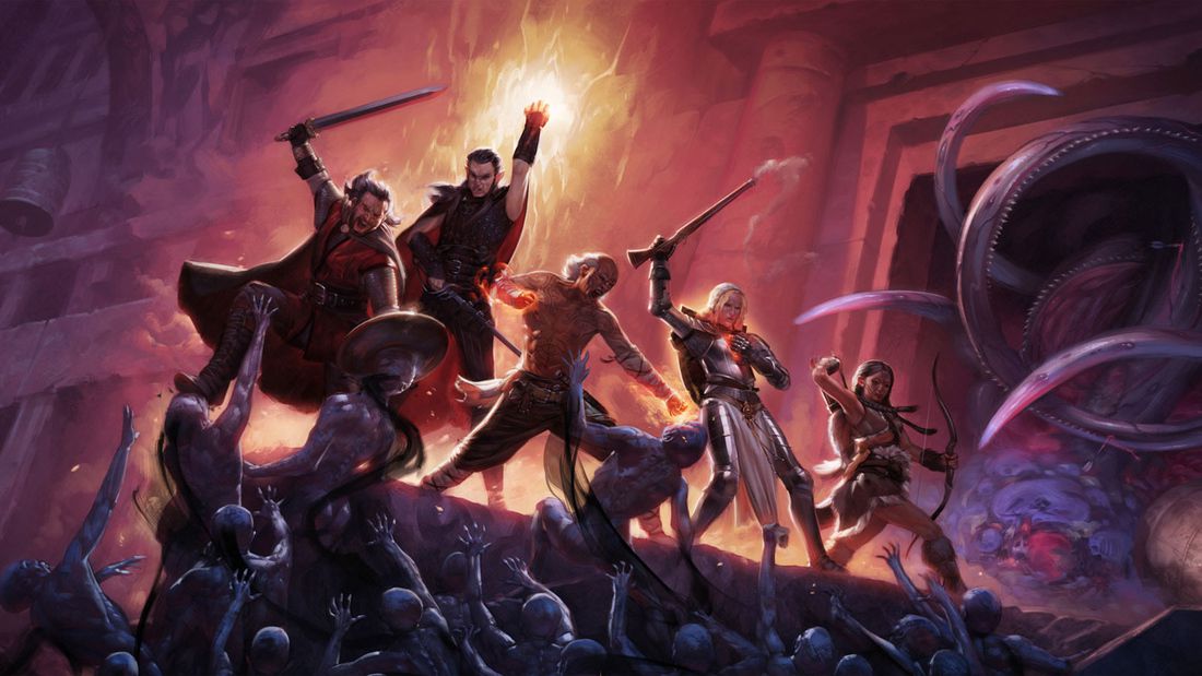 digital artwork from Pillars of Eternity of warriors fighting zombie types.