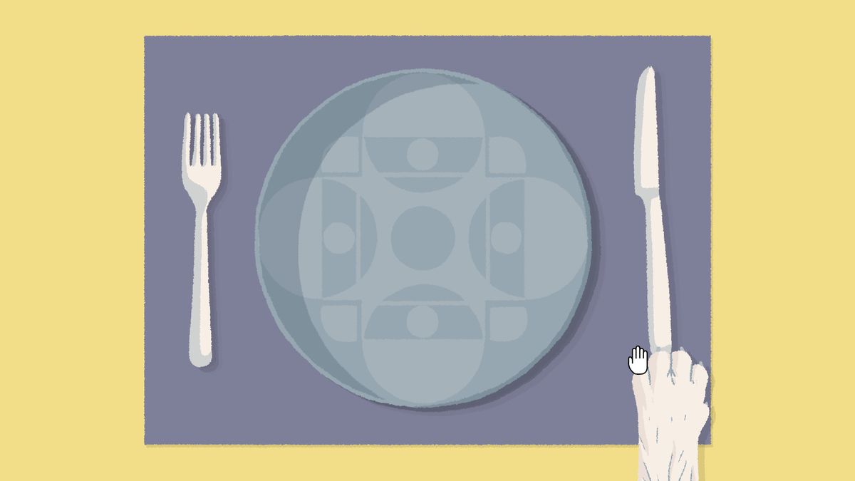 A cat paw coming from off-screen looking to mess up your neat place setting, with a plate, fork, and knife on a placemat.