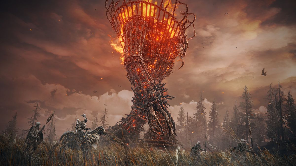 A giant walking brazier monster trudges through a grassy field alongside a patrol of knights in a screenshot from Elden Ring: Shadow of the Erdtree