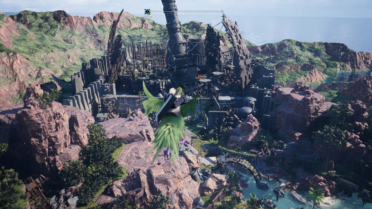 Cloud flies through the air on the back of a green chocobo. A vista of a huge ruin, backed by mountains, lies before him