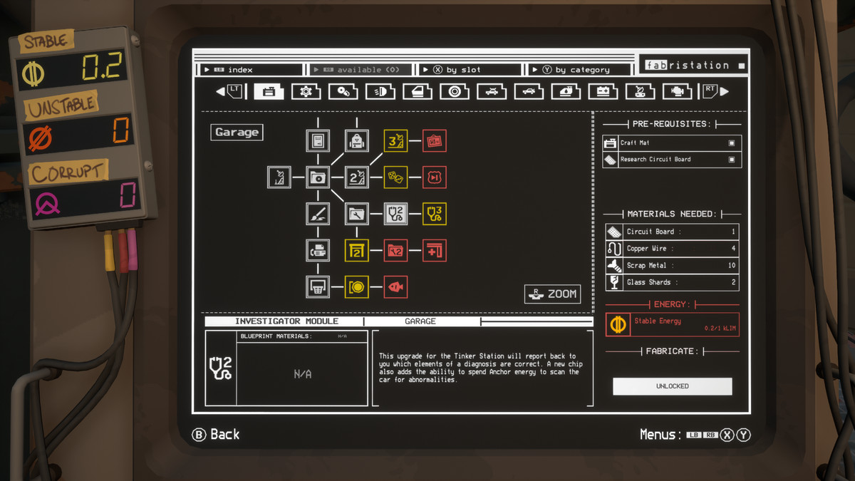 Pacific Drive investigator module in the fabrication station interface