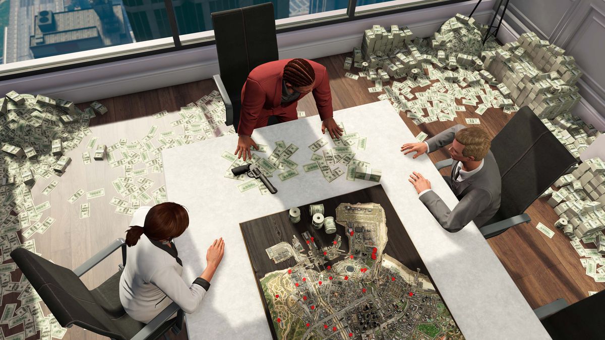 GTA Online art of executives around a table surrounded by cash