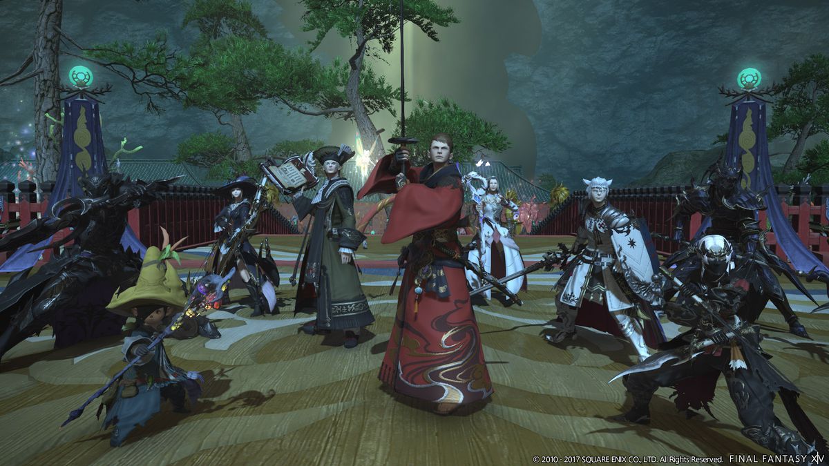 Eight FFXIV characters stand together ready to fight in Stormblood