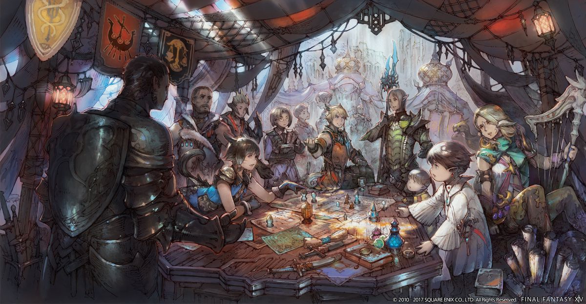 Many FFXIV characters stand around a table planning some kind of attack