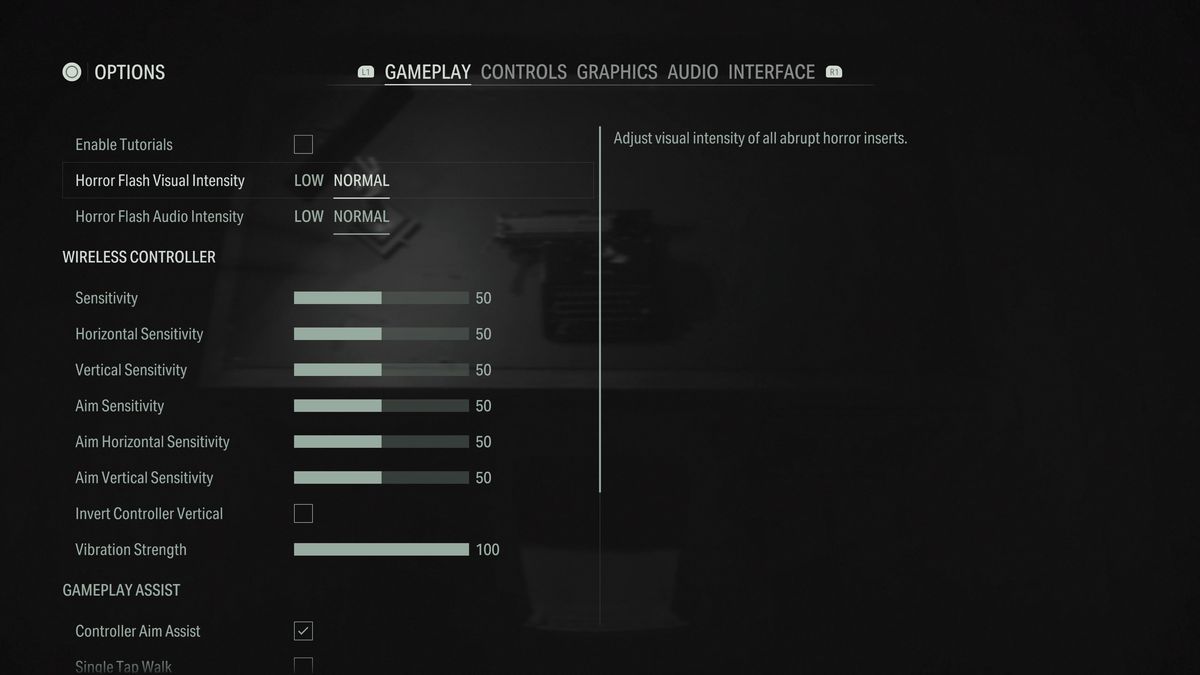 A settings menu in Alan Wake 2 that highlights the horror flash visual intensity and the horror flash audio intensity settings. They both have two settings: normal and low.