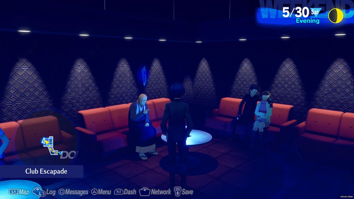 A student talks to an Unusual Monk in a nightclub about the Tower arcana Social Link in Persona 3 Reload.