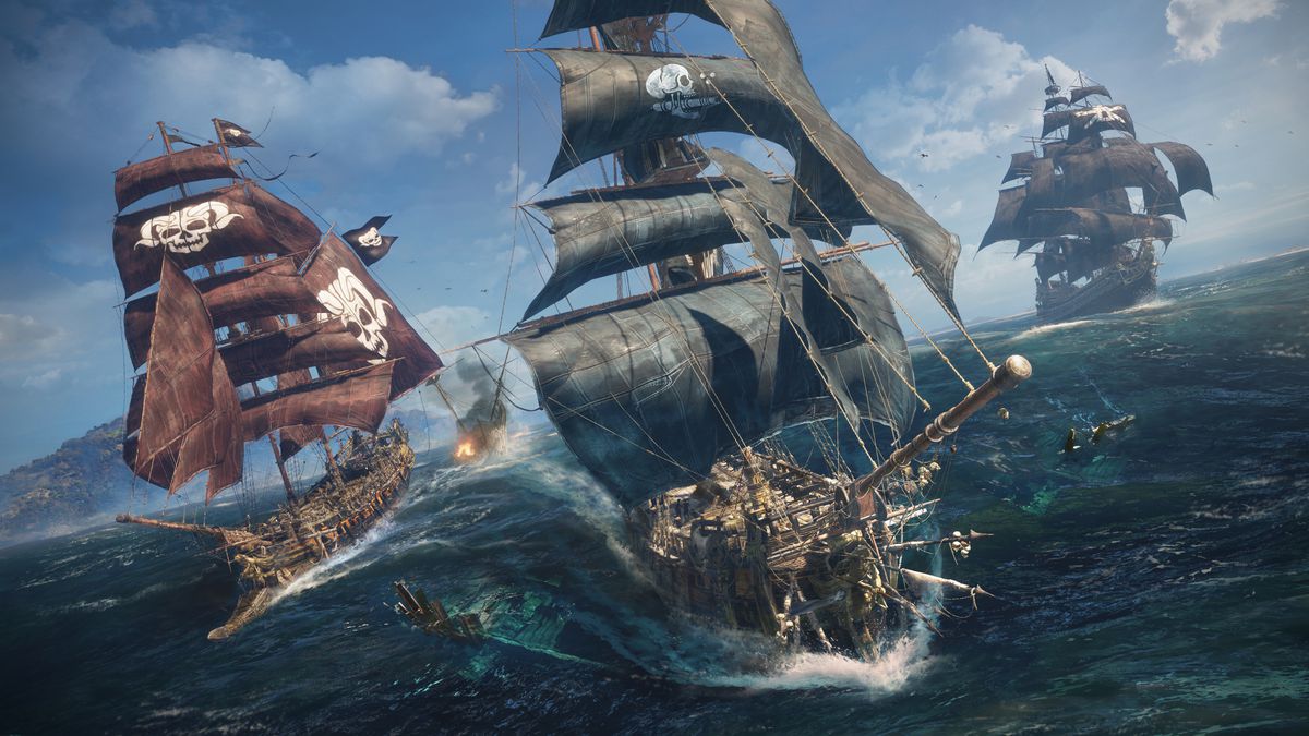 Three tall ships with full sails open sail away from the viewer in Ubisoft’s pirate adventure Skull and Bones