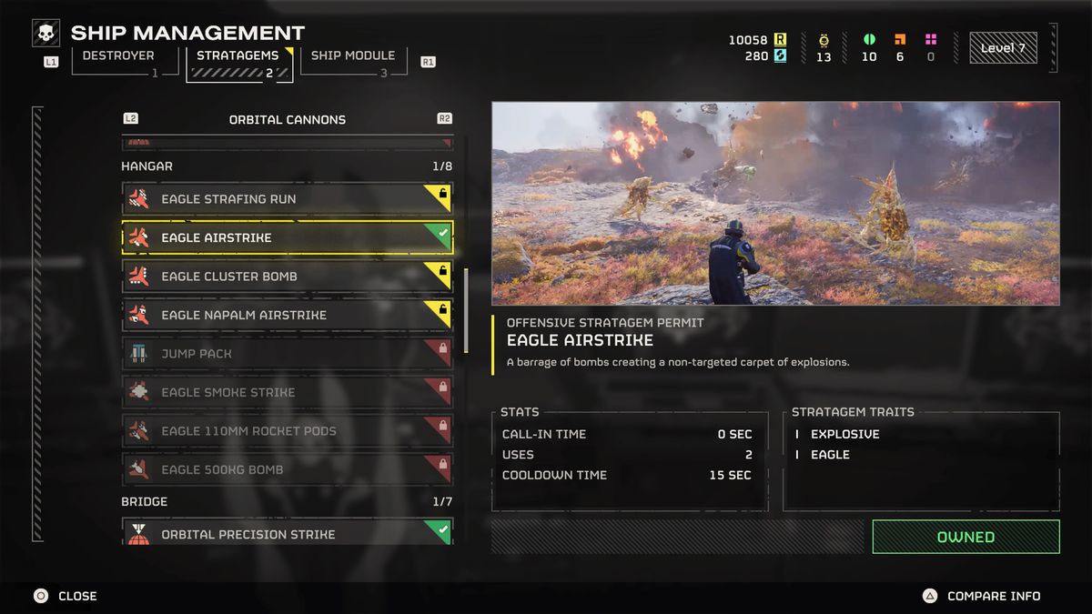 The Ship Management menu showing all the different Stratagems in Helldivers 2