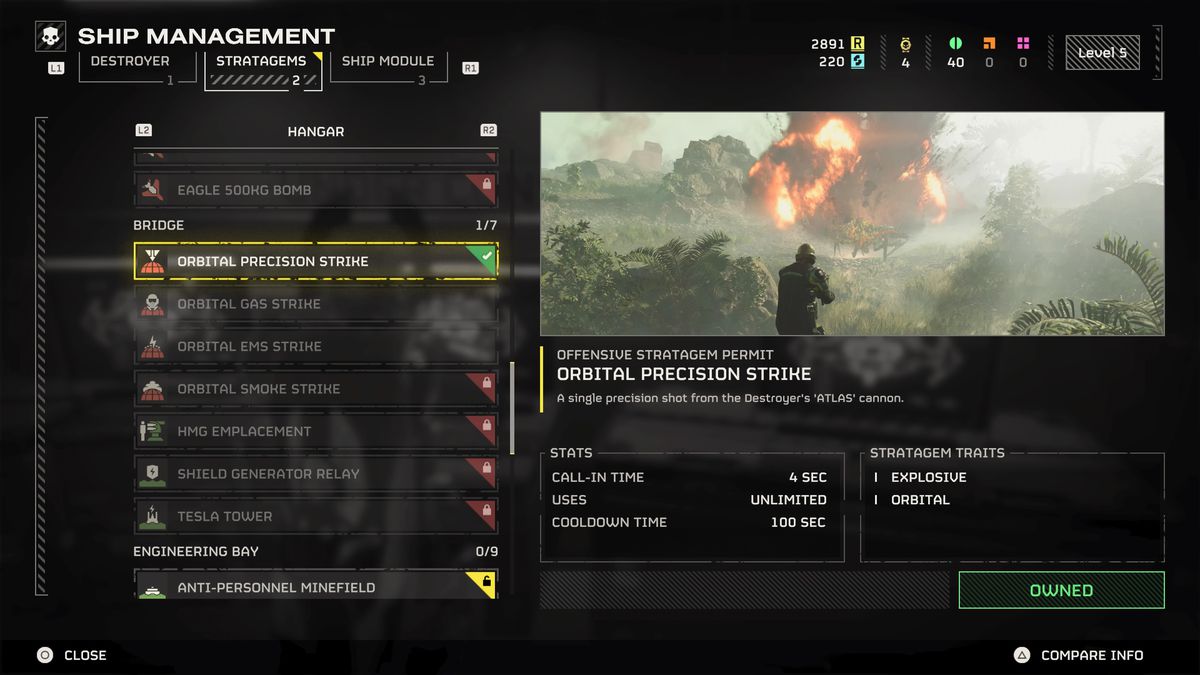 The Ship Management menu showing all the different Stratagems in Helldivers 2