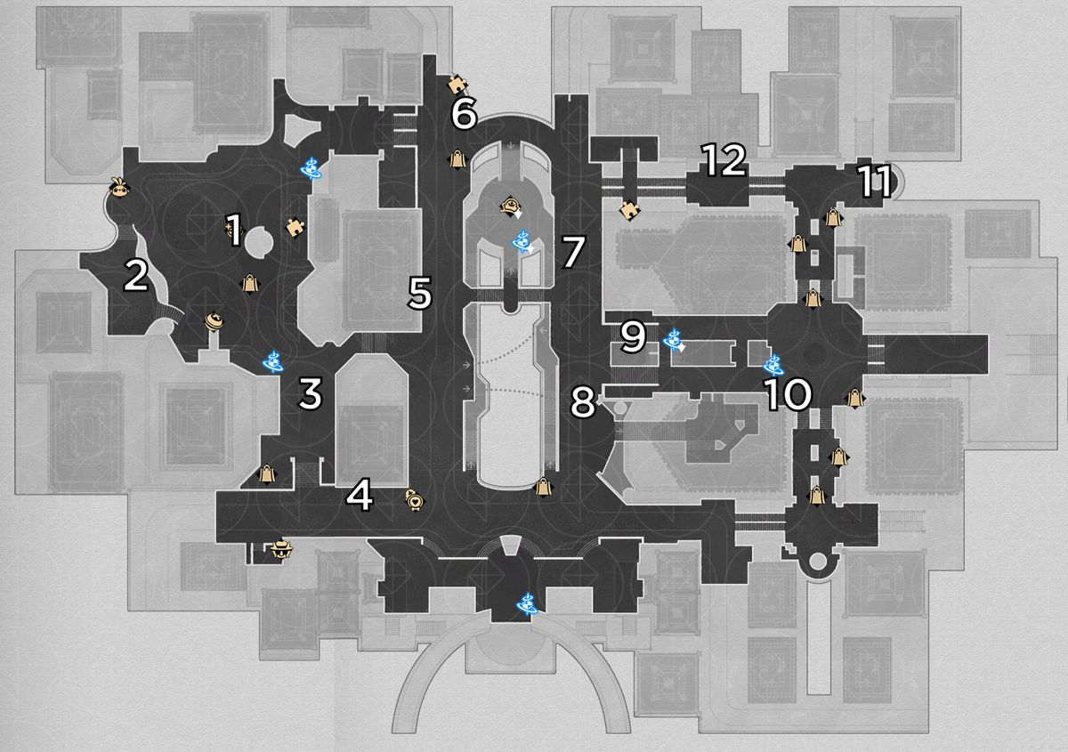 A map of the second floor of Golden Hour from Honkai Star Rail marked with the locations of origami birds.