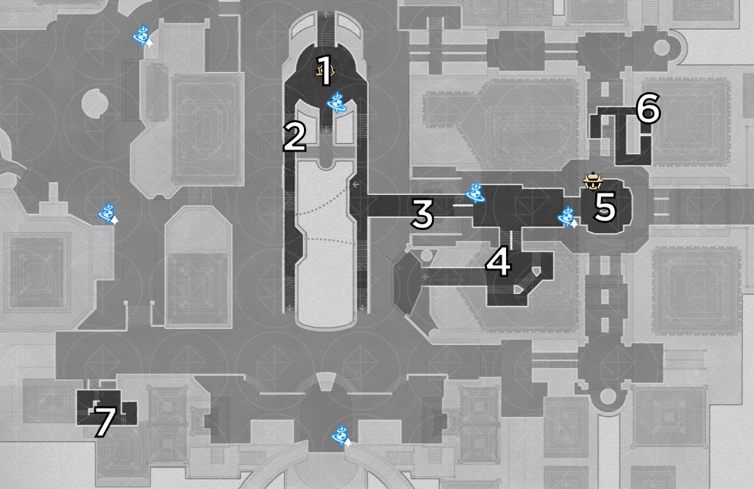 A map of the first floor of Golden Hour from Honkai Star Rail marked with where to find the origami birds.