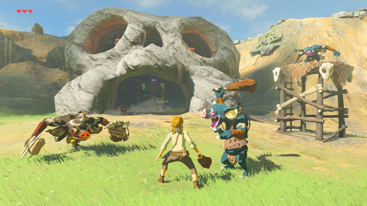 Link in a battle with blue Bokoblins in The Legend of Zelda: Breath of the Wild