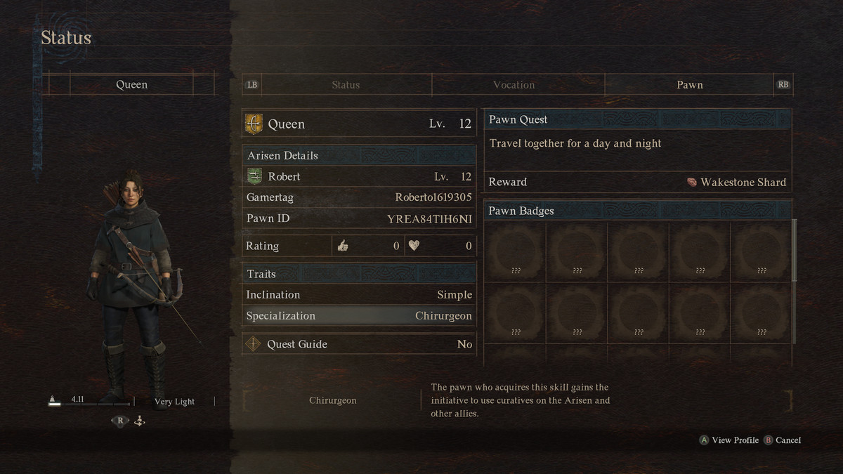 A menu shows a pawn with the Chirurgeon Specialization in Dragon’s Dogma 2.