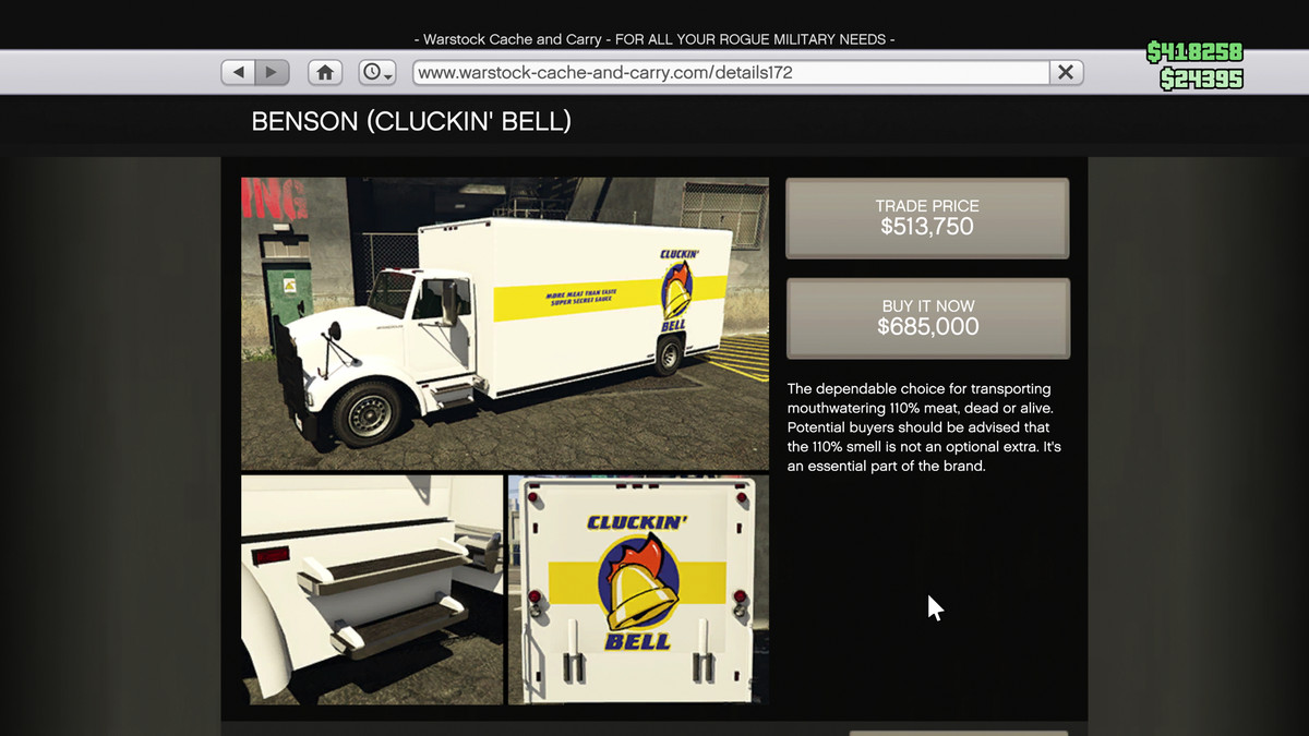 GTA Online webpage for the Vapid Benson in Cluckin’ Bell livery