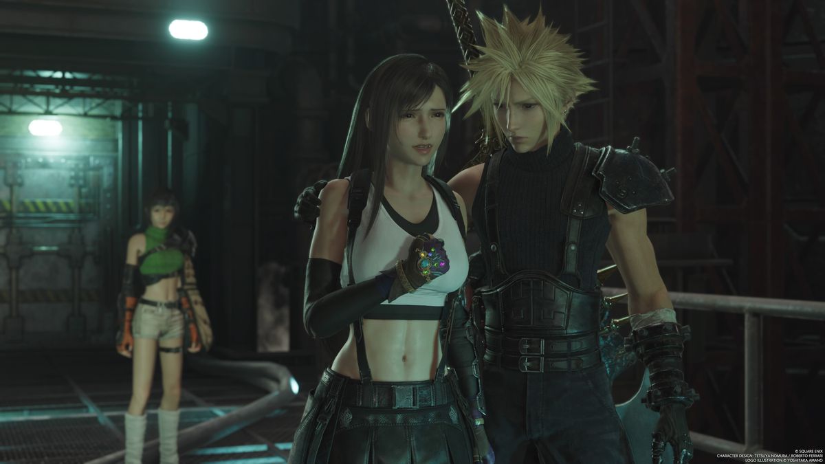 An image of Tifa and Cloud walking in a dark industrial room in Final Fantasy 7 Rebirth. Cloud is holding Tifa’s shoulder and watches her with a concerned gaze. Also Yuffie is in the background.