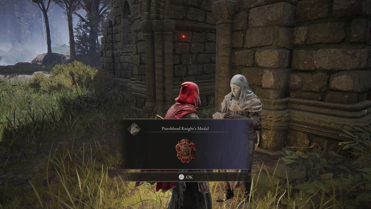 White Mask Varre gives the Tarnished the Pureblood Knight’s Medal in a screenshot from Elden Ring