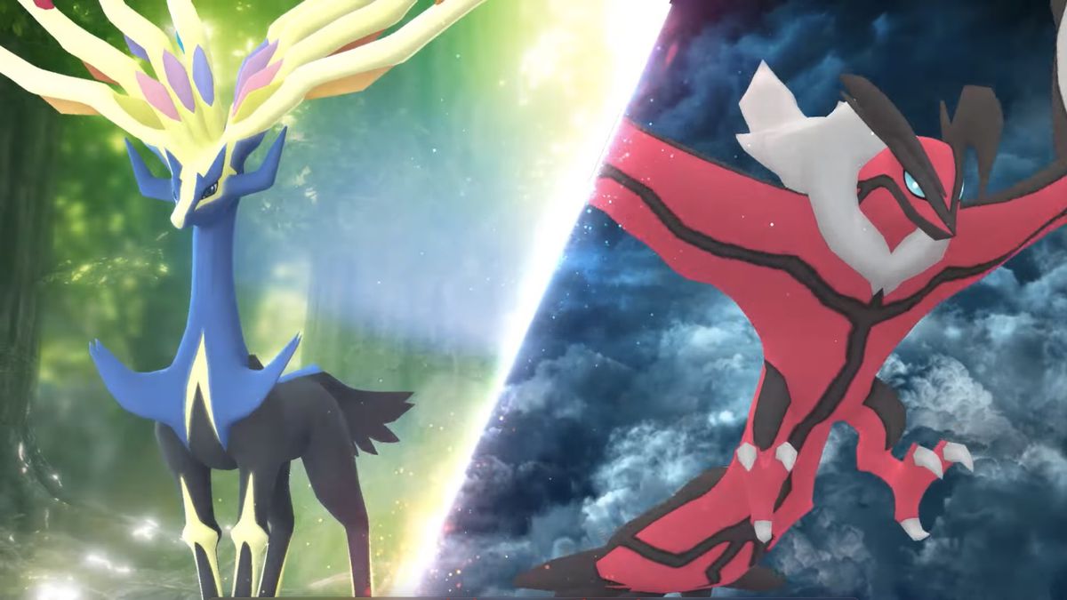 Xerneas and Yveltal in Pokémon Go. Xerneas looks like a deer or elk with eight antlers and blue fur, while Yvetal looks like a giant pink bird.