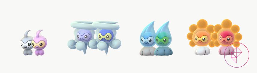 Shiny Castform and all of its forms with its normal versions. Shiny Castform is pink instead of grey, Shiny Snow Form Castform is more blue, Shiny Rainy Form Castform is more green, and Shiny Sunny Form Castform is more red.