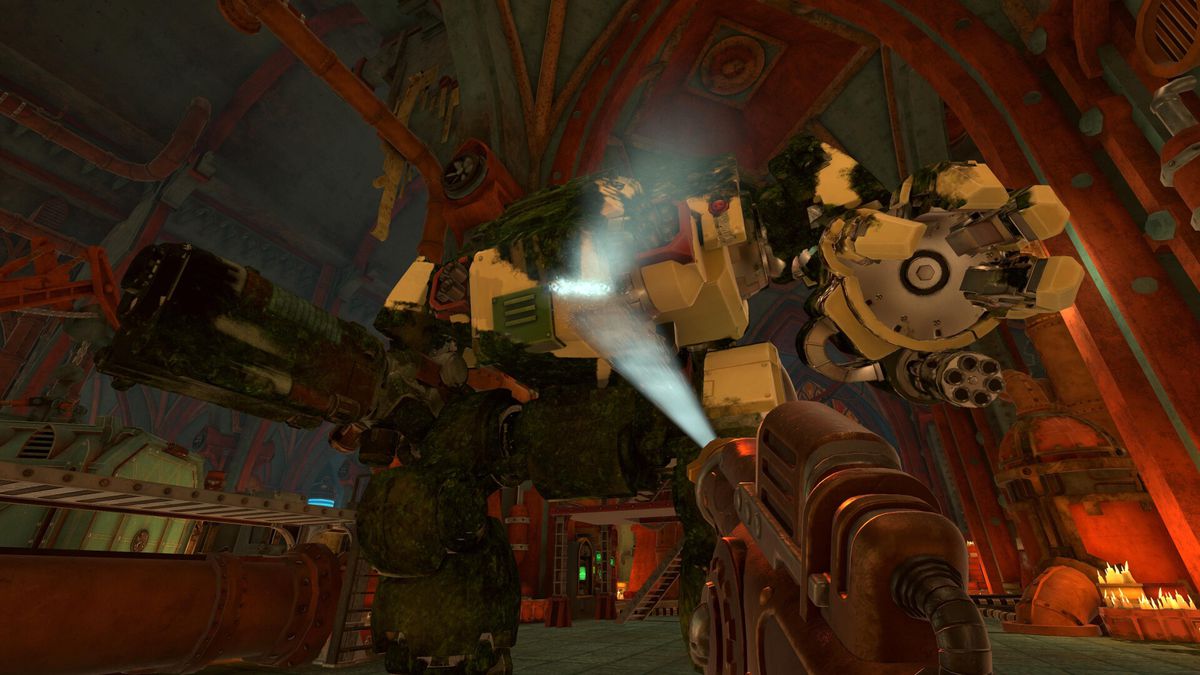 The player in PowerWash Simulator is half-way through thoroughly cleansing a Space Marine Dreadnought.