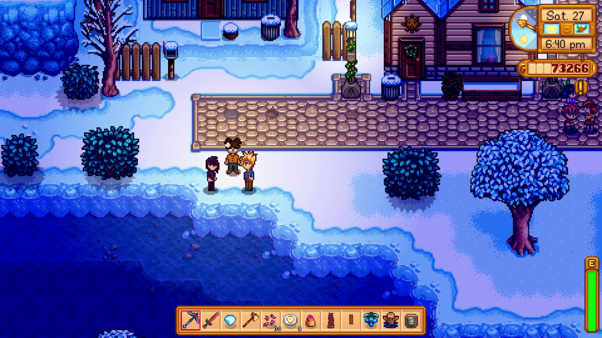 A screenshot from Stardew Valley showing Sebastian and Sam smoking by the river.