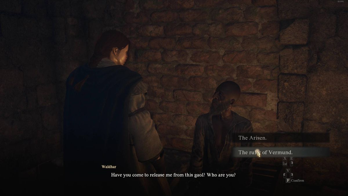 A Dragon’s Dogma 2 hero talks to Magistrate Waldahr in “Caged Magistrate” quest.