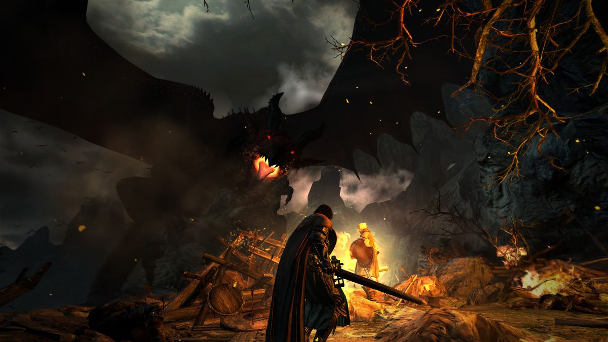 A fighter, complete with sword and shield, faces a swooping dragon in Dragon’s Dogma: Dark Arisen