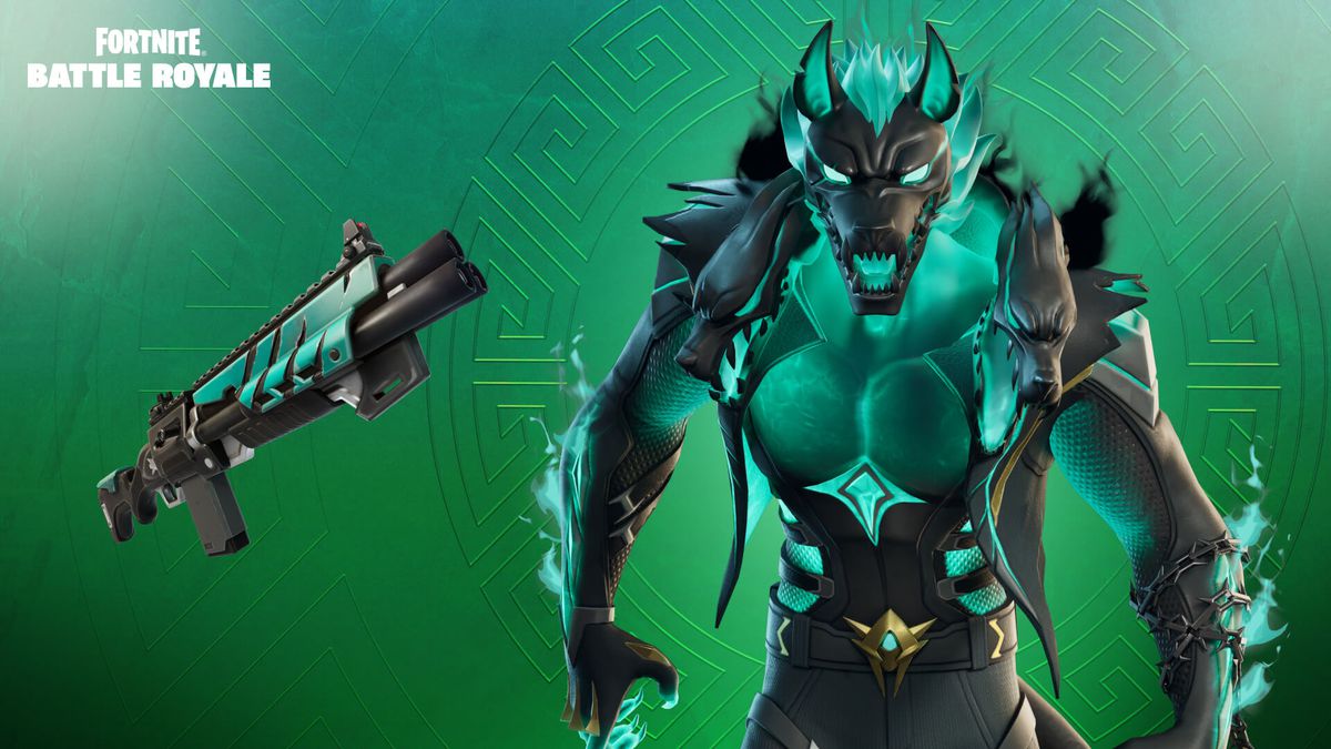 Cerberus with a green glow and a specialized gun as seen in Fortnite Chapter 5 Season 2