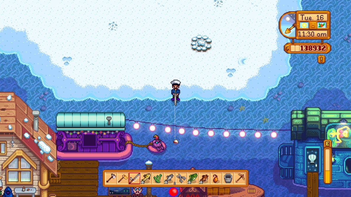 A Stardew Valley character fishing in the ocean, while the Night Market is in session.