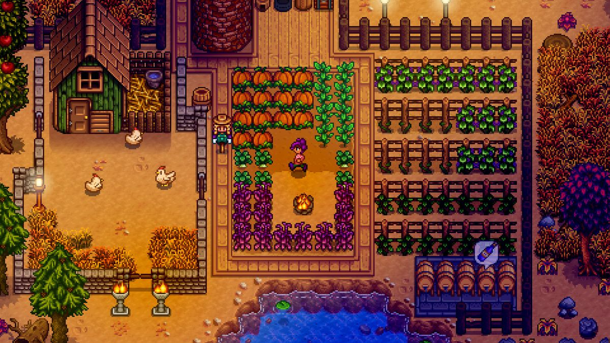 A screenshot from Stardew Valley showing a person on a farm. They’re surrounded by crops and there’s a chicken coop to the left.