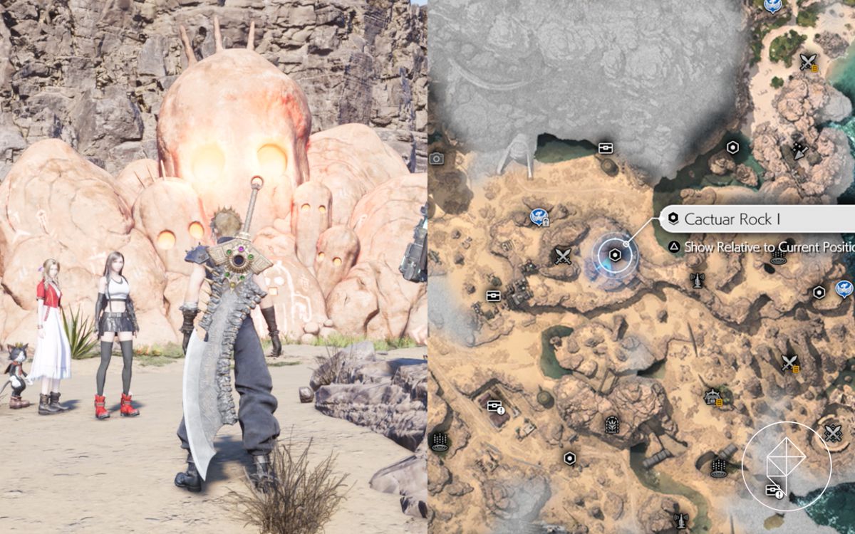 Cloud stands in front of “Cactuar Rock 1” in FF7 Rebirth.