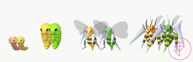 Shiny Weedle, Kakuna, Beedrill, and Mega beedrill with their regular forms. Shiny Weedle turns gold, whereas the rest turn a neon green.