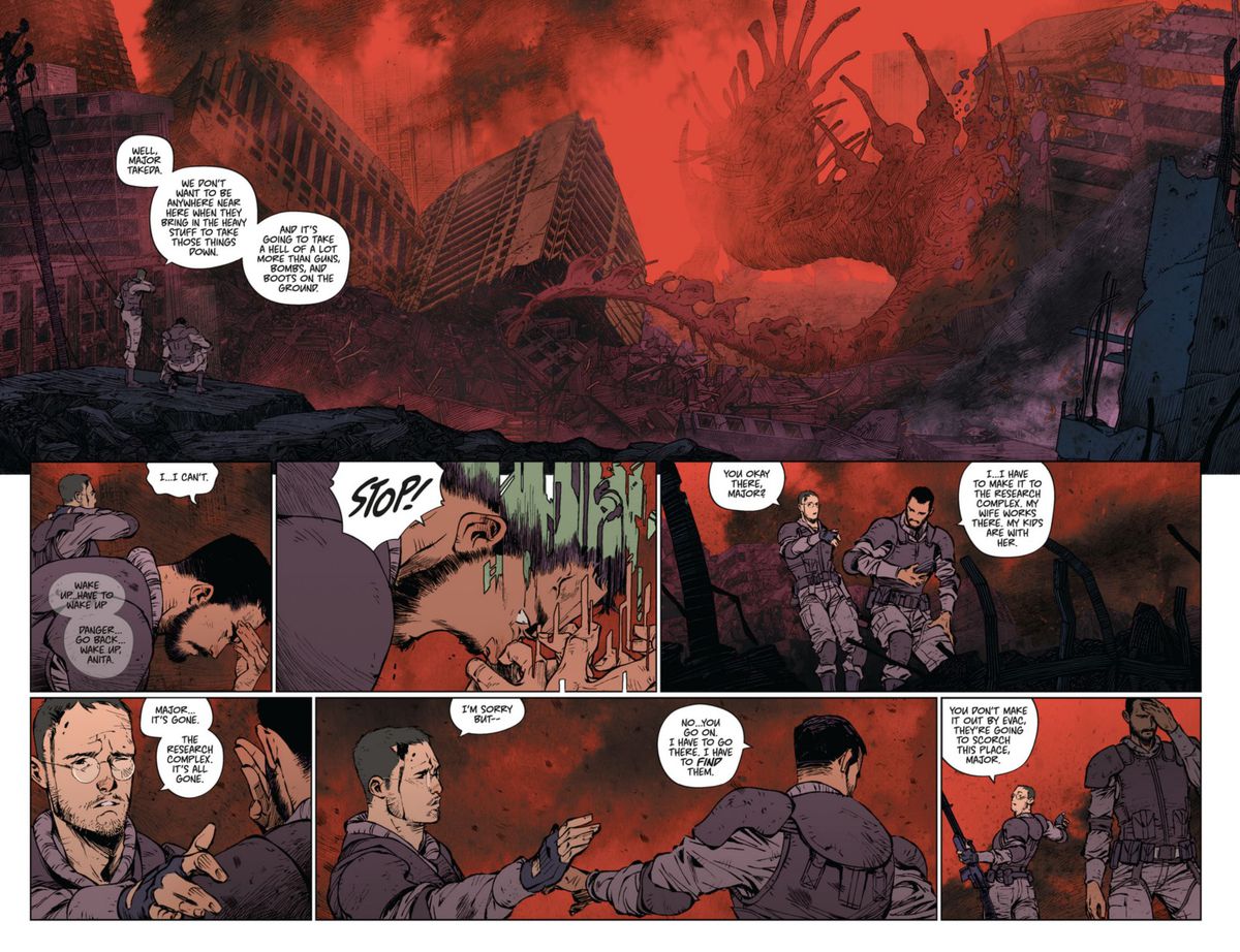 A double-page spread of a soldier consoler another soldier in the ruins of a city riddled with the remnants of a giant monster in Dawnrunner #1.