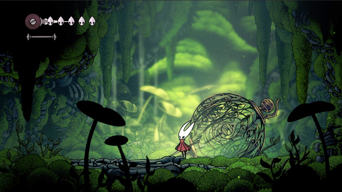 An image of Hornet in a screenshot for Hollow Knight: Silksong. She’s standing in a lush green forest. 