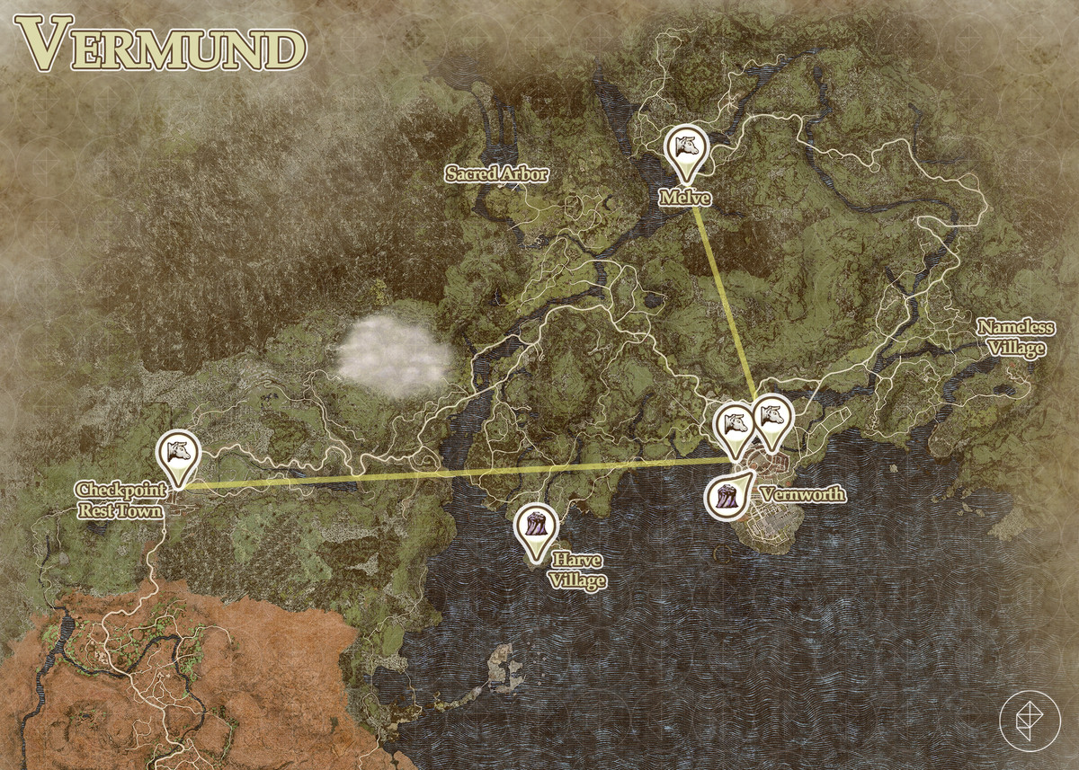 Dragon’s Dogma 2 map with Vermund oxcart and portcrystal locations marked