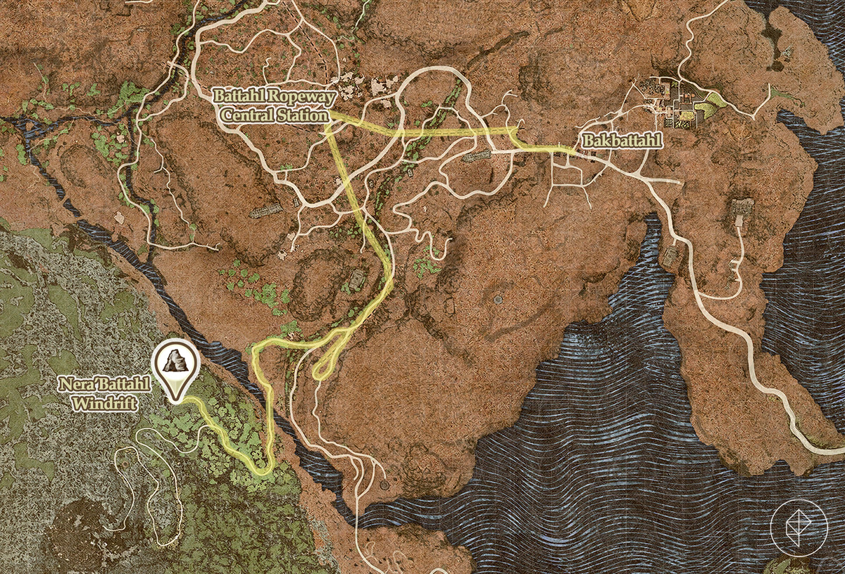 Dragon’s Dogma 2 showing the route to Nera’Battahl Windrift cave and the Medusa