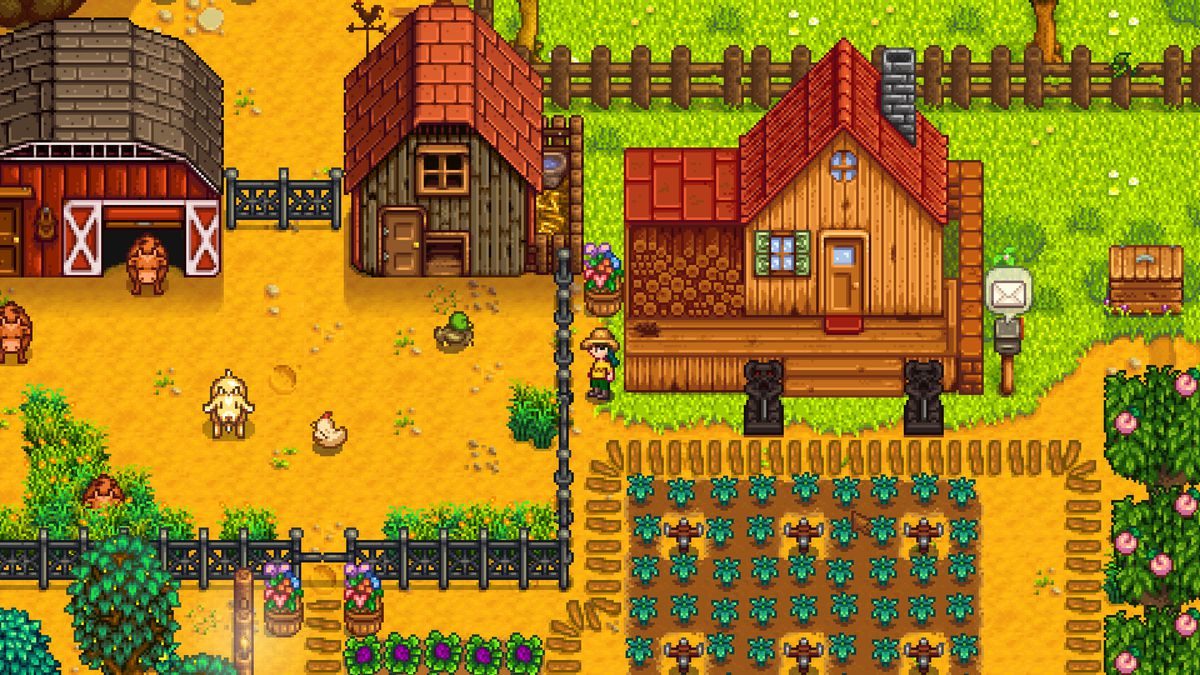 A screenshot shows a farm in Stardew Valley. It has a pixelated art look. There is a garden and an anime coop next to a farm home.