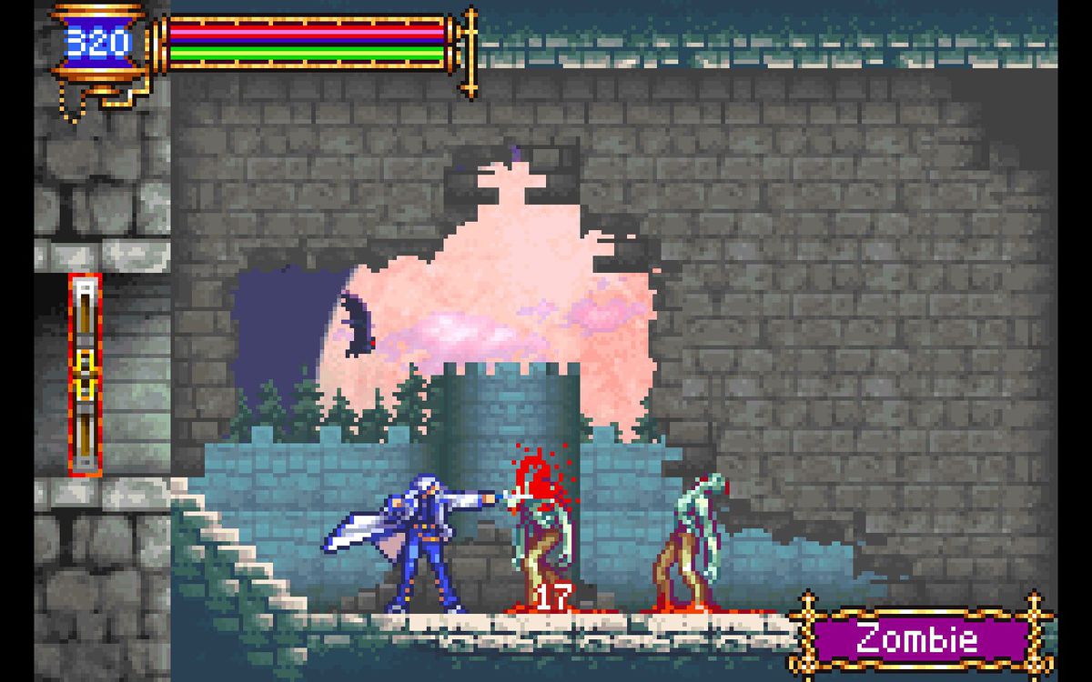 Soma Cruz inflicting damage on a pair of zombie enemies in Castlevania: Aria of Sorrow.