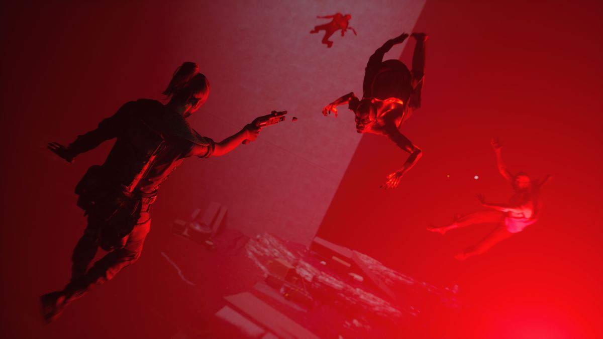 a woman floating in the air in a red room aims a gun at a monster in Control