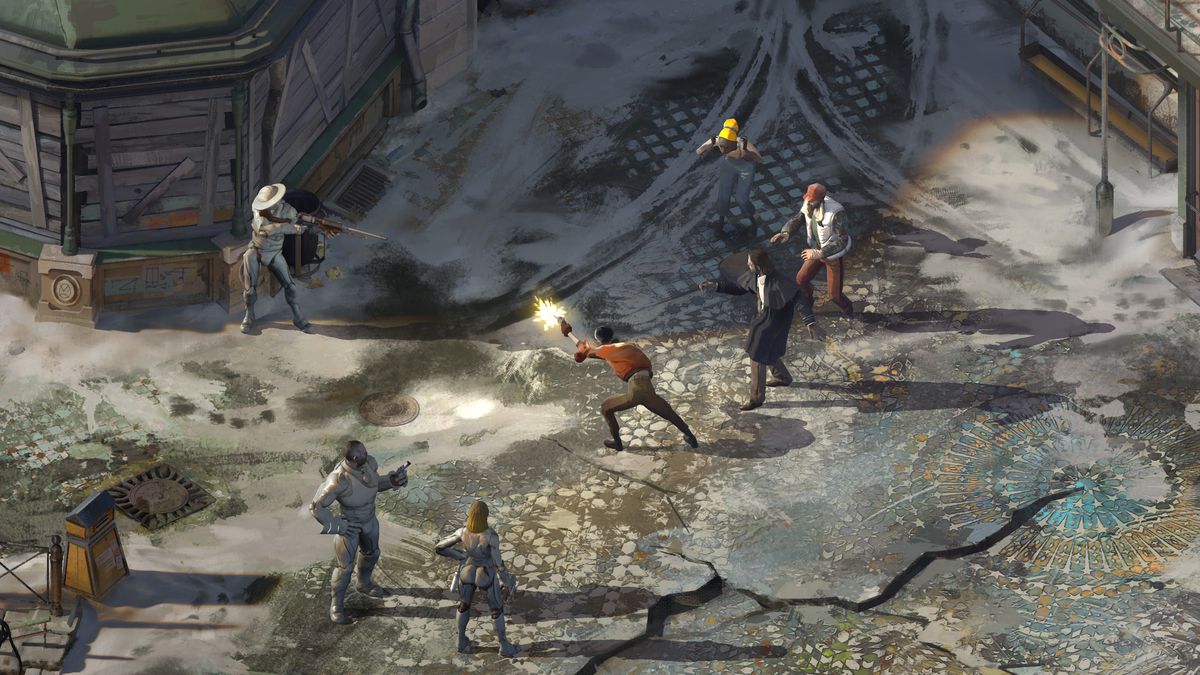 A screenshot shows a shootout in the street in Disco Elysium