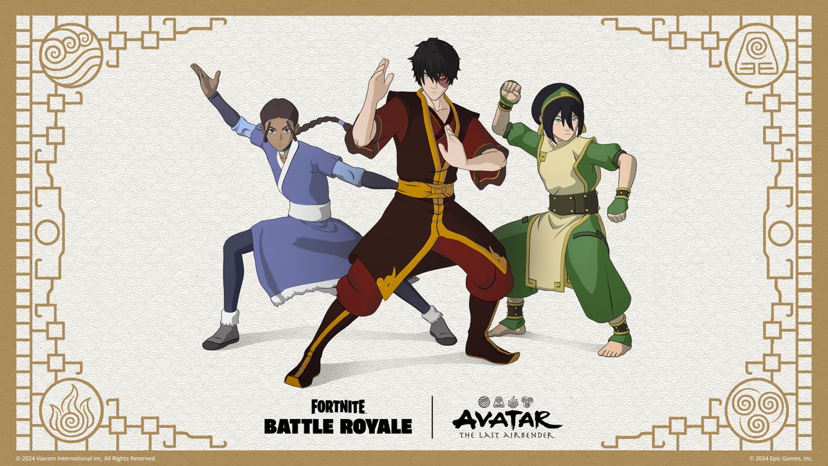 Katara, Zuko, and Toph as seen in Fortnite.