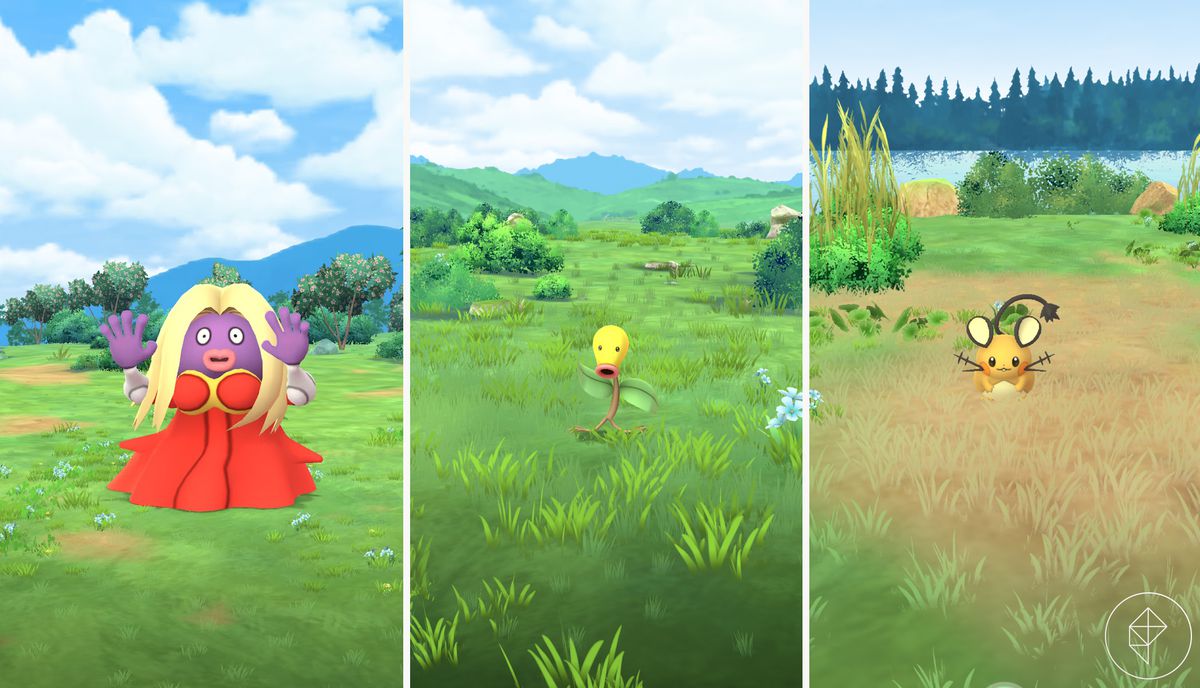 Jynx, Bellsprout, and Dedenne in different Pokémon Go biomes