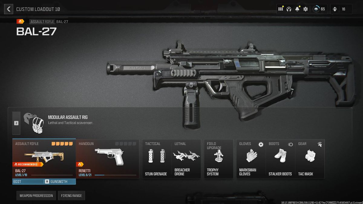 The BAL-27 and class options in Modern Warfare 3.