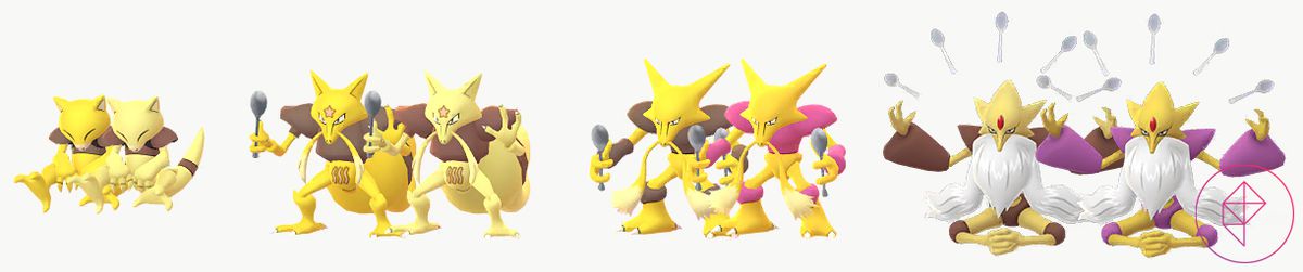 Abra, Kadabra, Alakazam, and Mega Alakazam with their shiny versions in Pokémon Go. Shiny Abra and Kadabra turn lighter, whereas Alakazam and Mega Alakazam get pink accents.