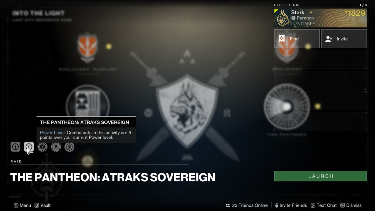 The Pantheon: Atraks Sovereign launch screen in Destiny 2