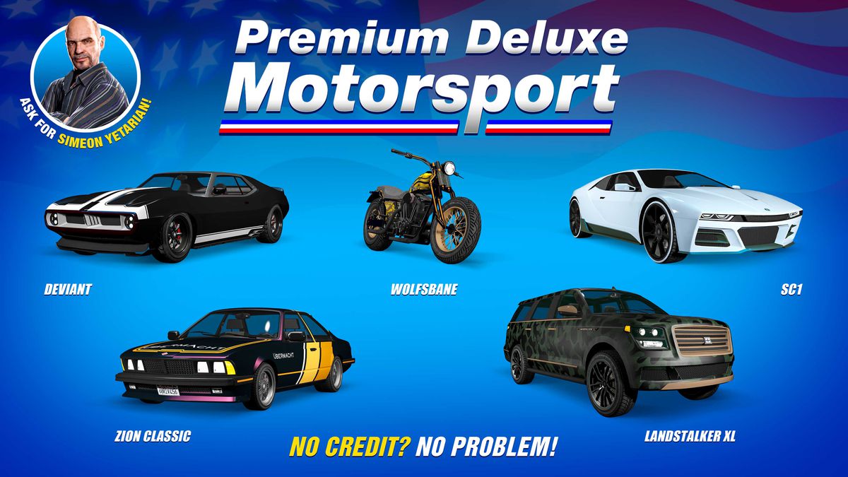 GTA Online promo art showing vehicles for sale at Premium Deluxe Motorsport