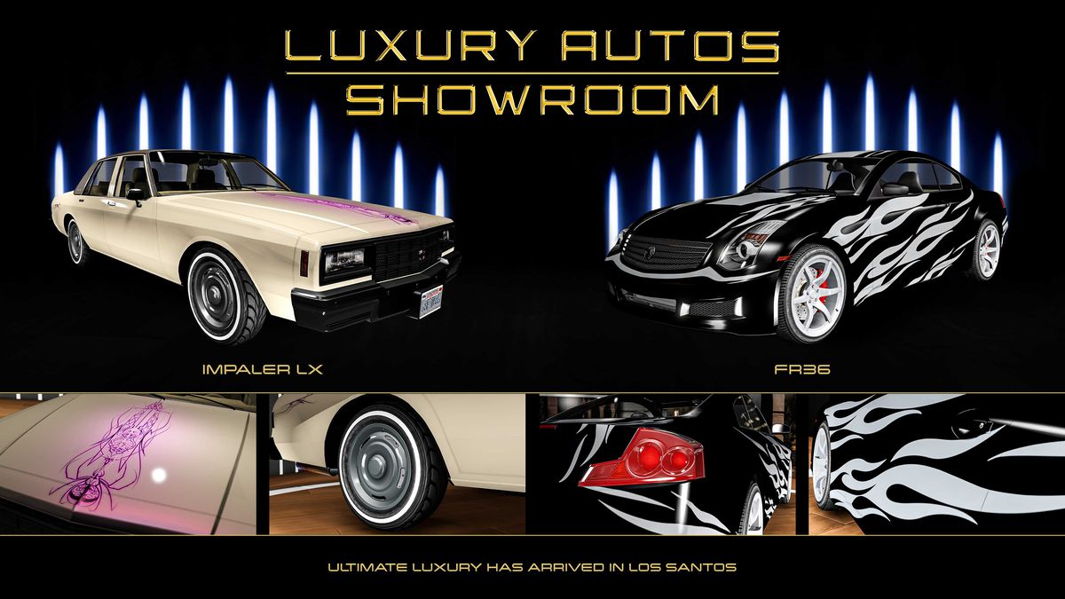 GTA Online promo art for vehicles for sale at Luxury Autos Showroom this week