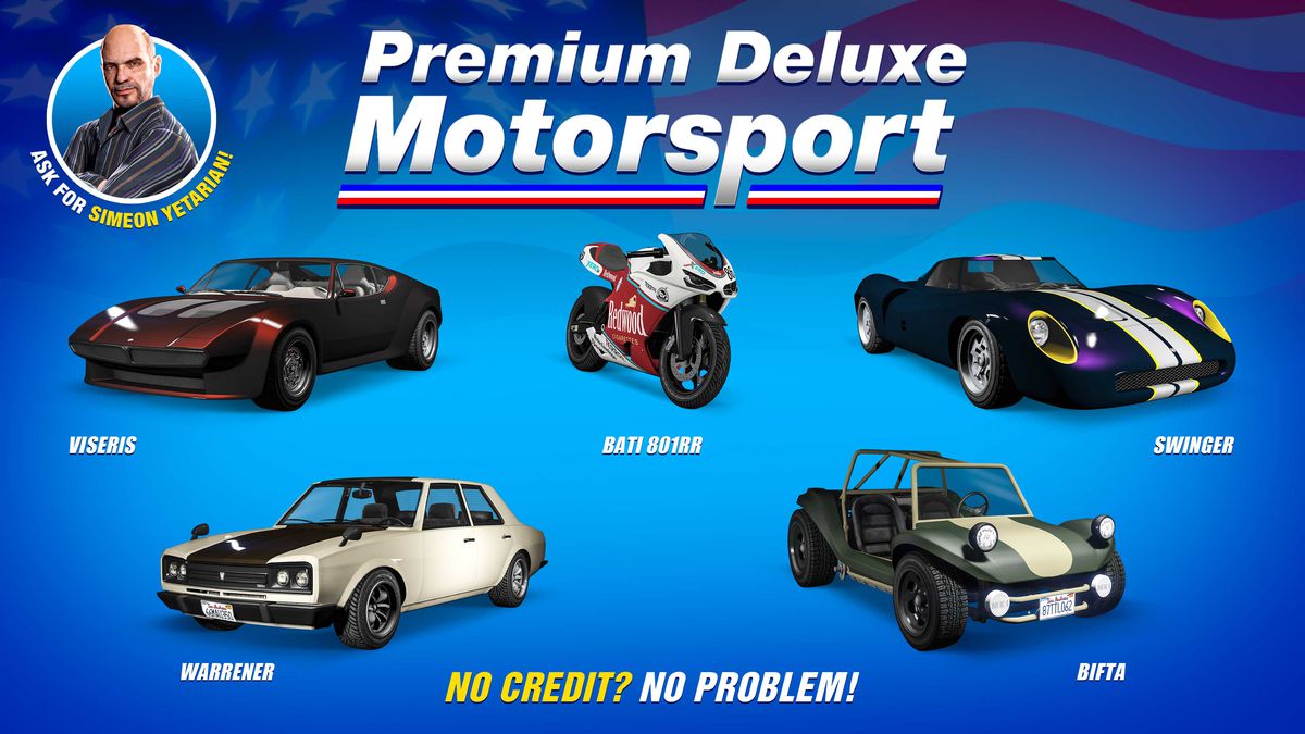 GTA Online promo art for vehicles for sale at Premium Deluxe Motorsports this week