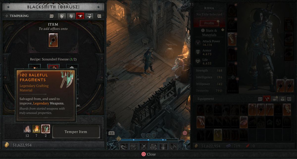 A menu shows a Diablo 4 player using Baleful Fragments for Tempering in Diablo 4.