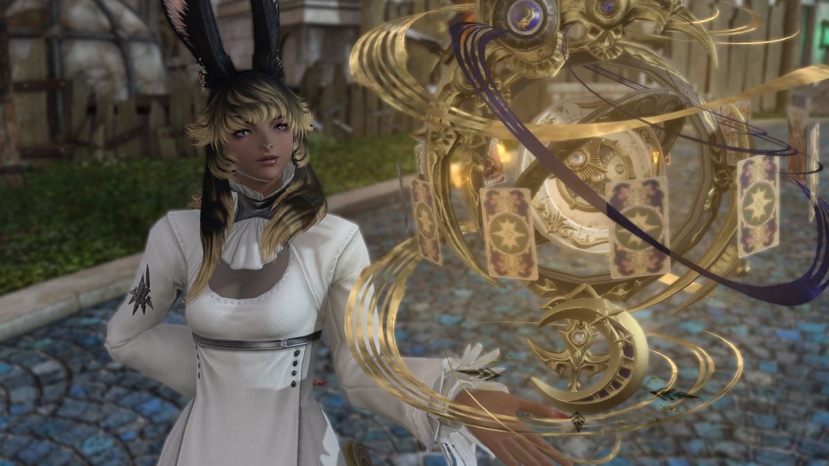 A Viera holds up an Astrologian glove with gold and dark blue swirls around it